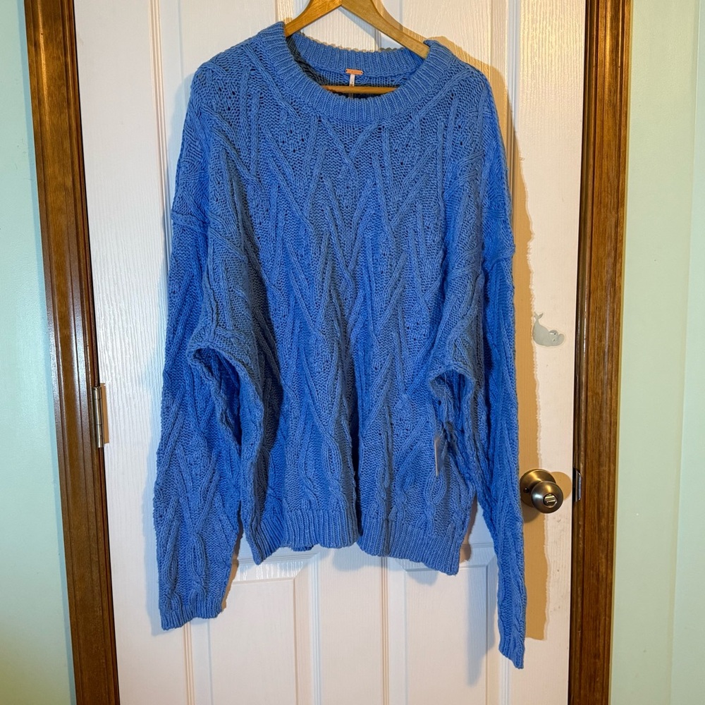 Free People NWT Bright Blue Oversized Fisherman Sweater Large